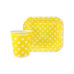 پیش دستی و لیوان تم تولد زرد خال سفید