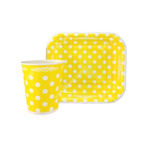 پیش دستی و لیوان تم تولد زرد خال سفید