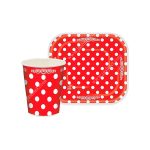 پیش دستی و لیوان تم تولد قرمز خال سفید