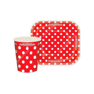 پیش دستی و لیوان تم تولد قرمز خال سفید